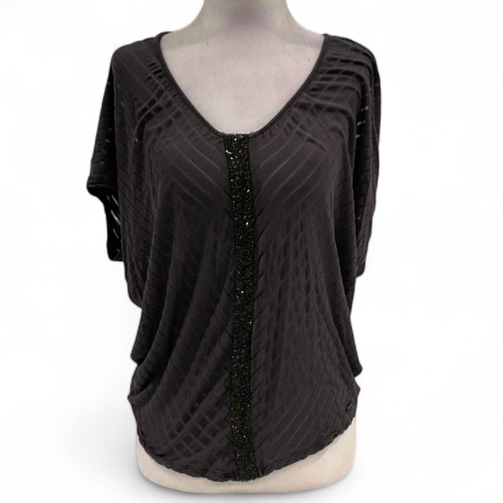 Guess Charcoal Semi Sheer Cold Shoulder Blouse With Front Stripe Embellishment